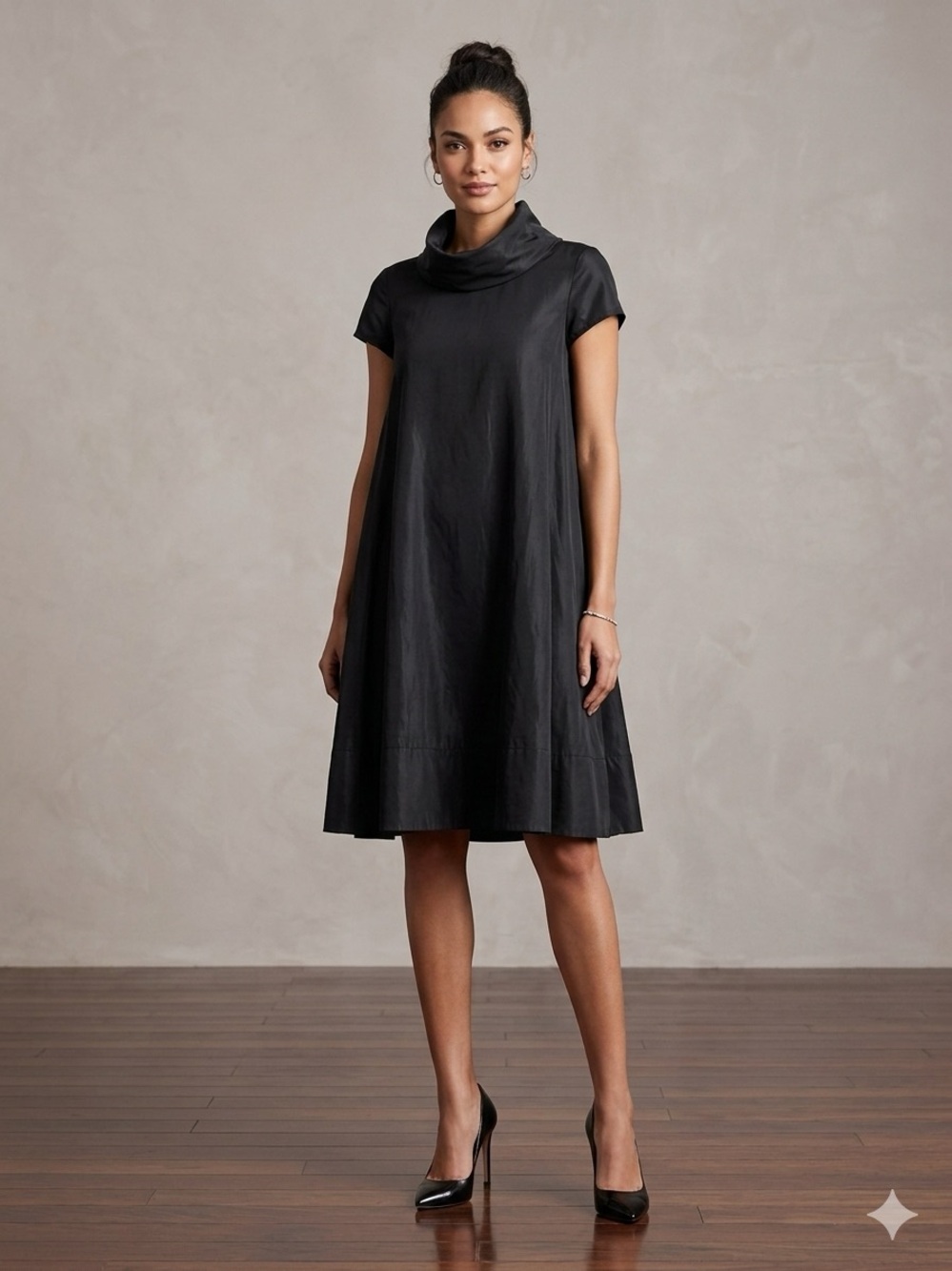 Fifth Avenue Shoe Repair Black Short-Sleeve Cowl Neck A-Line Dress